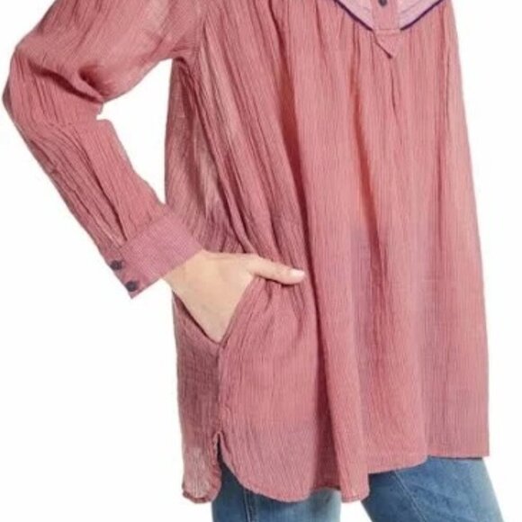 FREE PEOPLE Hearts and Colors Tunic Top Sz M Floral Sheer Long Sleeve Oversized - Picture 3 of 13